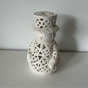 EUC Snowman Tealight Candle Holder Ceramic 2 Pieces 9” by 5”